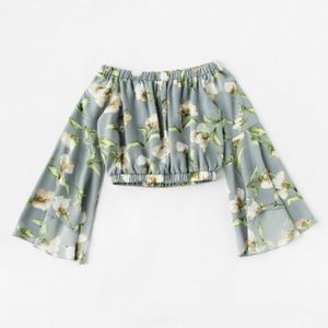 Off Shoulder Floral Trumpet Sleeve Top